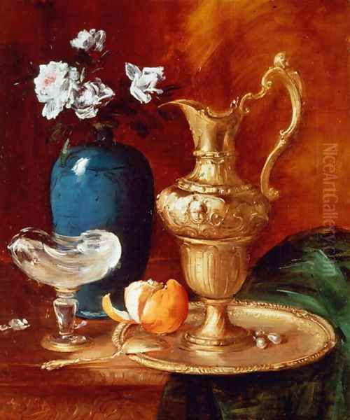 Still life of a gilt ewer, vase of flowers and a facon de Venise bowl Oil Painting by Antoine Vollon