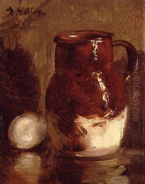 Stoneware Jug and Egg Oil Painting by Antoine Vollon