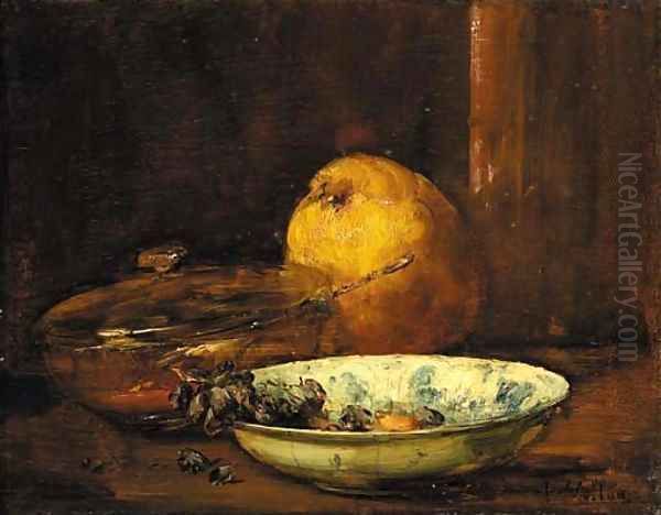 A bowl of raisins, a pear and a covered bowl Oil Painting by Antoine Vollon