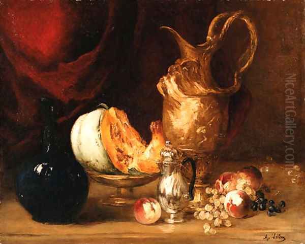 Still life of fruit and vessels before a draped curtain Oil Painting by Antoine Vollon