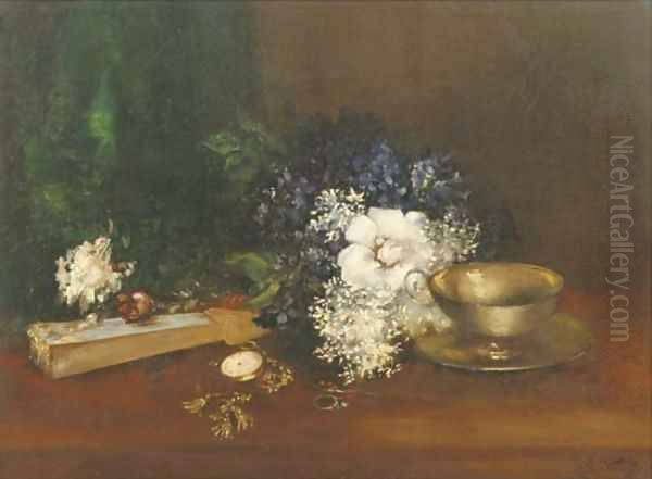 White and blue flowers, a fan and a pocketwatch Oil Painting by Antoine Vollon