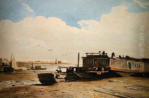 A Coopers Barge on the Thames, London Oil Painting by John Varley