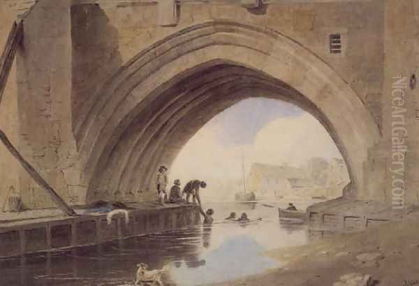 Children swimming under Ouse Bridge in York, 1805 Oil Painting by John Varley