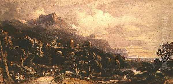 Landscape with castle and mountain Oil Painting by John Varley