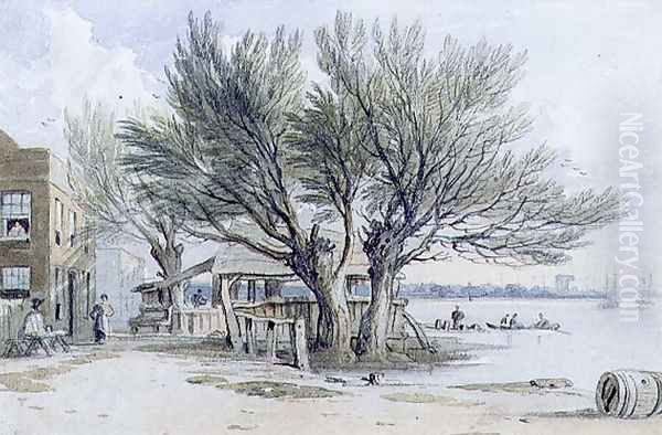 Buildings and Pollarded Trees on the Banks of the Thames, Millbank Oil Painting by John Varley