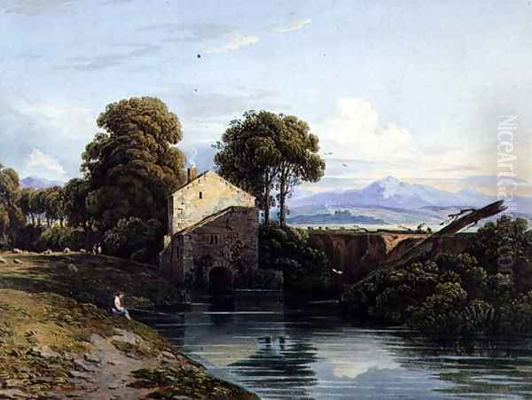 Watermill with Distant Castle and Hills, 1822 Oil Painting by John Varley