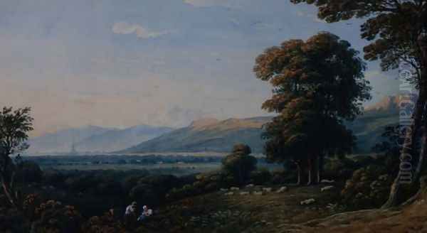 Figures resting on a hillside with a church spire beyond, 1825 Oil Painting by John Varley