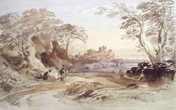 Landscape with Figures and Distant Castle Oil Painting by John Varley