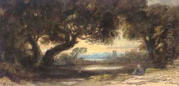 A figure beside a wooded pool with a church in the distance Oil Painting by John Varley