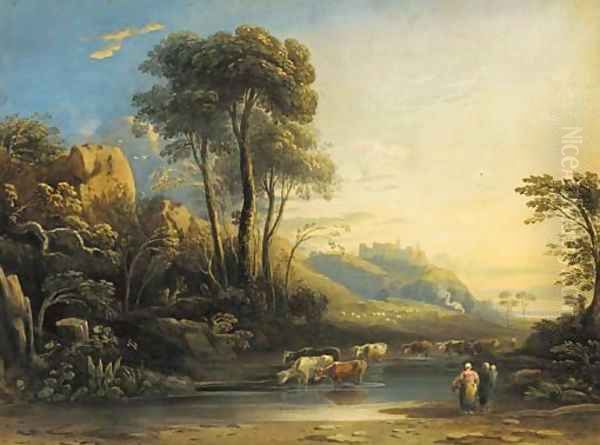 An extensive wooded landscape with cattle watering and a castle beyond Oil Painting by John Varley