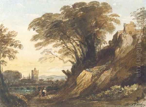 A landscape with a river and a castle on a cliff Oil Painting by John Varley