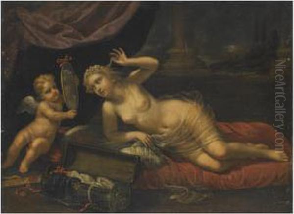 Venus At Her Toilet Accompanied By Cupid Oil Painting by Benedetto Gennari