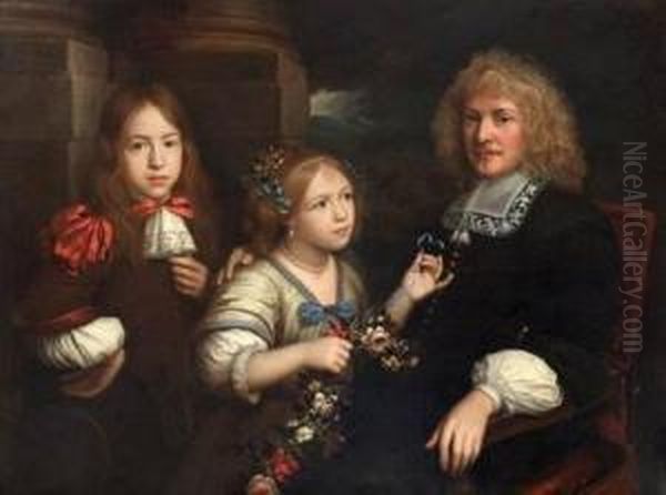 A Father And His Two Children Oil Painting by Benedetto Gennari