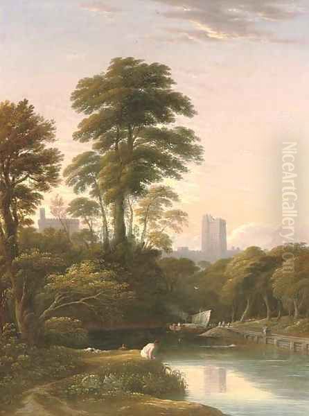 The bank of the Thames with figures in the foreground and Windsor Castle beyond Oil Painting by John Varley