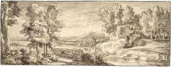 Panoramic Italianate Landscape With A Figure Resting In The Foreground Oil Painting by Abraham Genoels