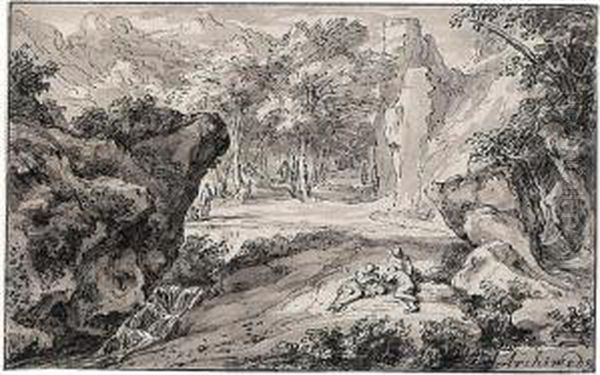 Rocky Italianate Landscape With Figures Resting By A Stream Oil Painting by Abraham Genoels