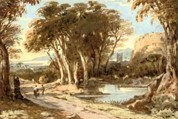 Travellers in an extensive landscape Oil Painting by John Varley