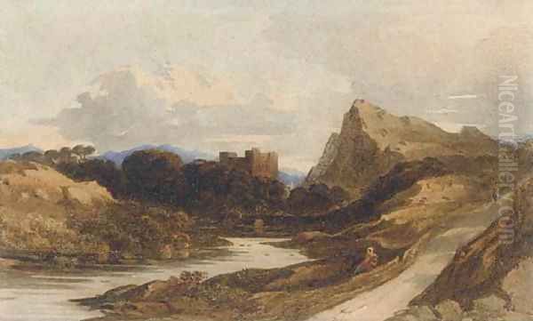 A Castle in a river landscape Oil Painting by John Varley