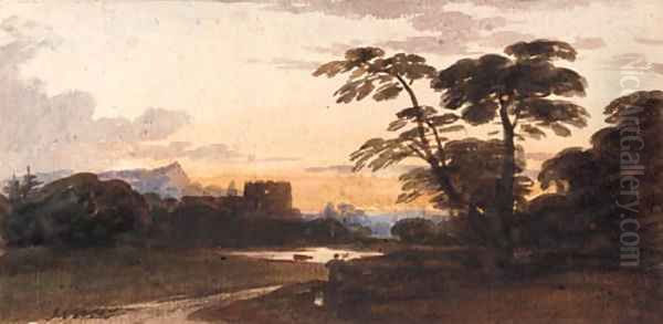 A figure in a wooded landscape with a castle beyond Oil Painting by John Varley