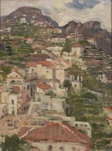 Hillside Village Oil Painting by Lillian M. Genth