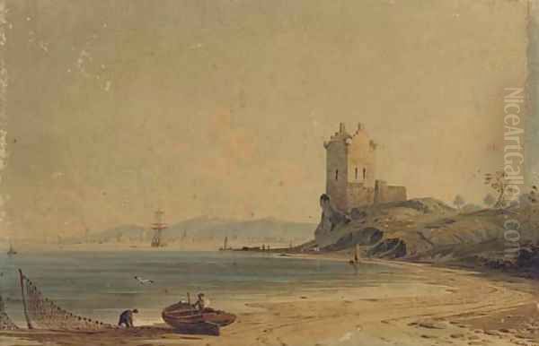 Figures mending the nets on the foreshore before a ruined tower Oil Painting by John Varley