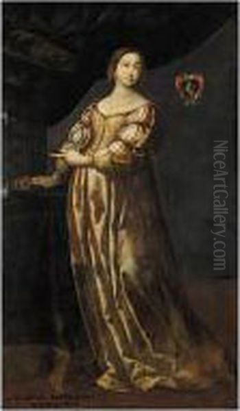 Portrait Of A Lady, Possibly 
Achileta Marliana, Full Length Standing, Wearing An Embroidered Yellow 
Dress, Pointing To Some Jewellery In An Open Drawer Of A Collector's 
Cabinet Oil Painting by Artemisia Gentileschi