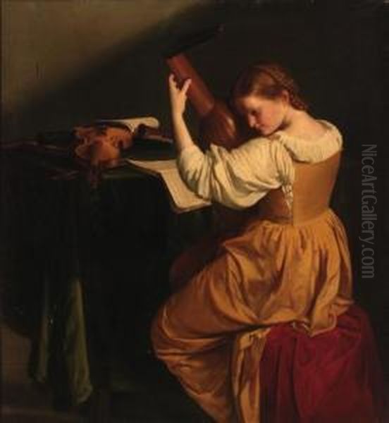 A Woman Tuning A Lute, Seated At
 A Draped Table With Openmanuscripts, A Violin And Wind Instruments Oil Painting by Orazio Gentileschi