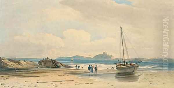 Figures on the shore with Bamburgh Castle beyond, Northumberland Oil Painting by John Varley