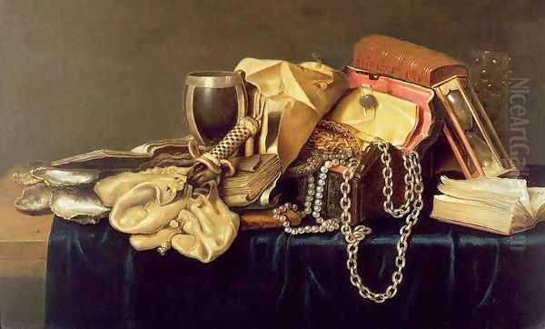 Still Life of a Jewellery Casket, Books and Oysters Oil Painting by Andries Vermeulen