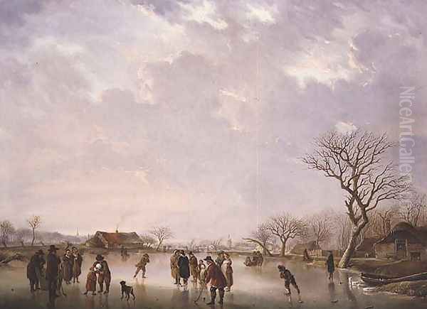 Winter Scene with Hockey Players and Other Figures Oil Painting by Andries Vermeulen