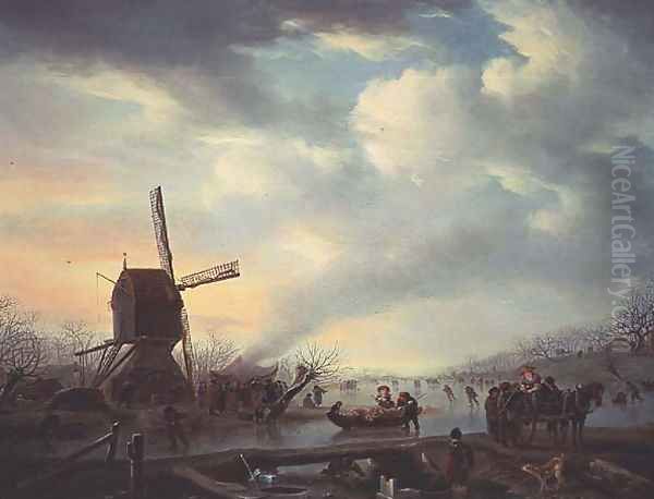 An Extensive Winter Landscape with Figures Skating Oil Painting by Andries Vermeulen