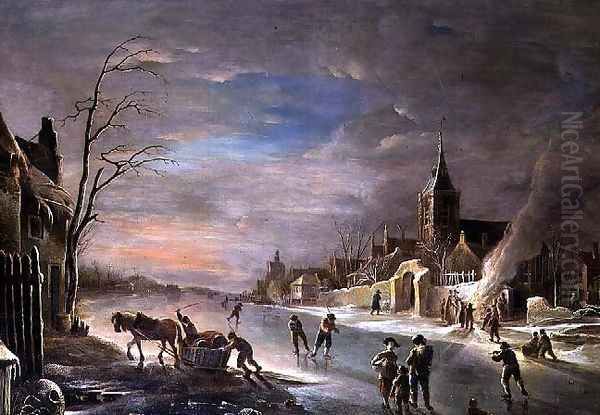 Figures Gathered Around a Bonfire at the Edge of a Frozen River Oil Painting by Andries Vermeulen