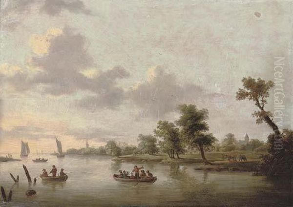 A Wooded River Landscape With 
Anglers And A Cottage Beyond; And A River Landscape With Anglers In 
Boats, A Village Beyond Oil Painting by Norbert Joseph Carl Grund