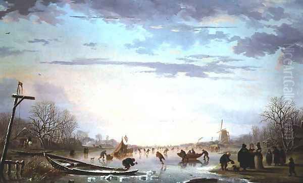 Dutch Peasants on a frozen river Oil Painting by Andries Vermeulen