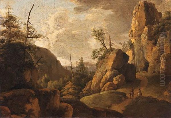 A Rocky Landscape With Horsemen On A Track Oil Painting by Norbert Joseph Carl Grund