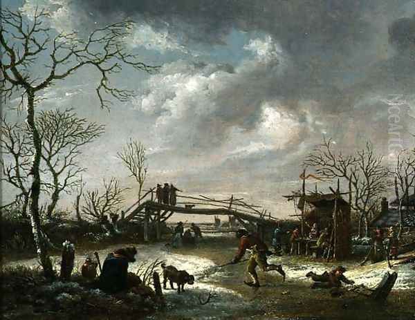 Peasants on a Frozen River Oil Painting by Andries Vermeulen