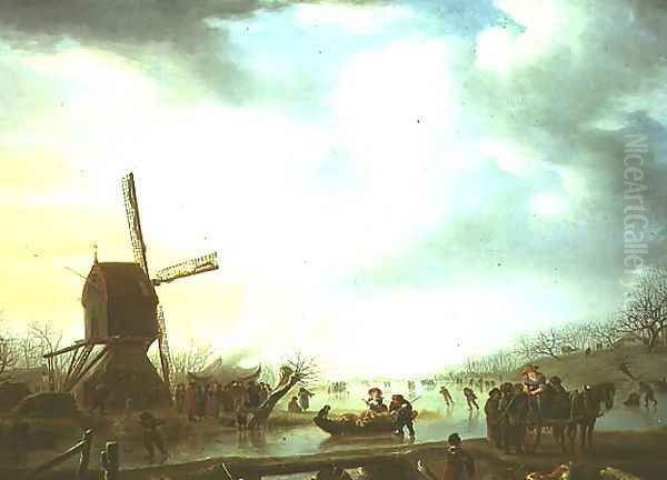 Winter scene with a windmill Oil Painting by Andries Vermeulen