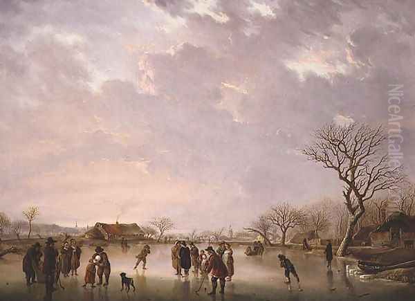 Winter scene with skaters Oil Painting by Andries Vermeulen