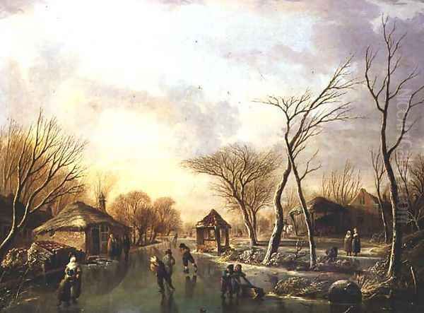 Skating on a frozen canal Oil Painting by Andries Vermeulen