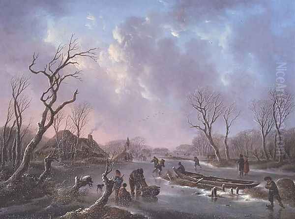 Skaters on a frozen river Oil Painting by Andries Vermeulen