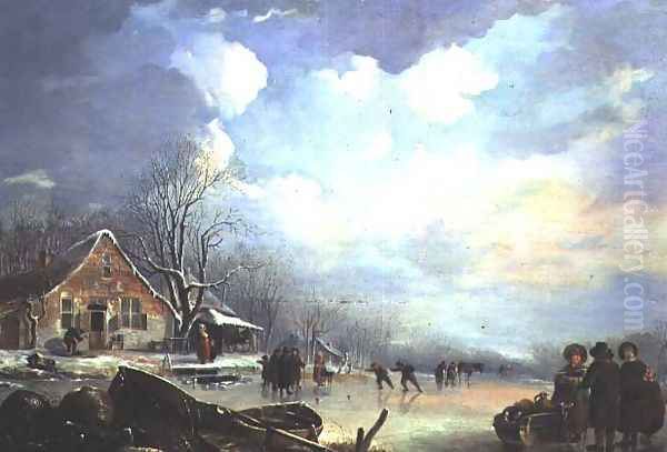 Winter landscape with cottage and figures Oil Painting by Andries Vermeulen