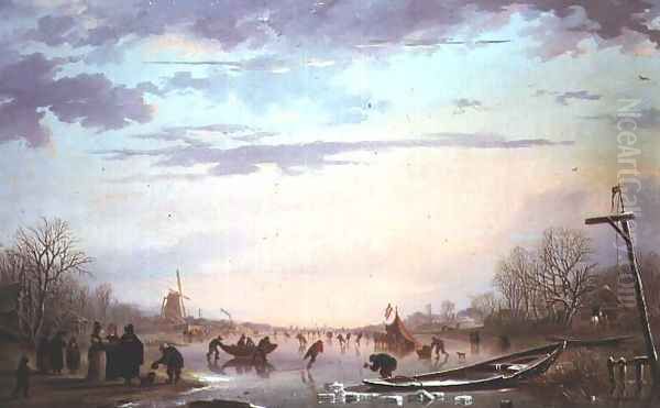 Skating scene on a frozen river Oil Painting by Andries Vermeulen