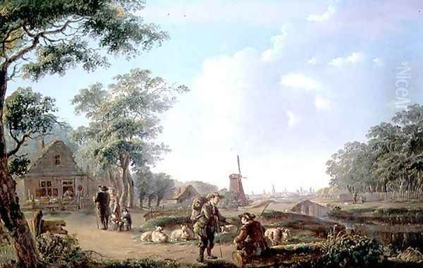 Rustic figures on the outskirts of a Dutch Town Oil Painting by Andries Vermeulen