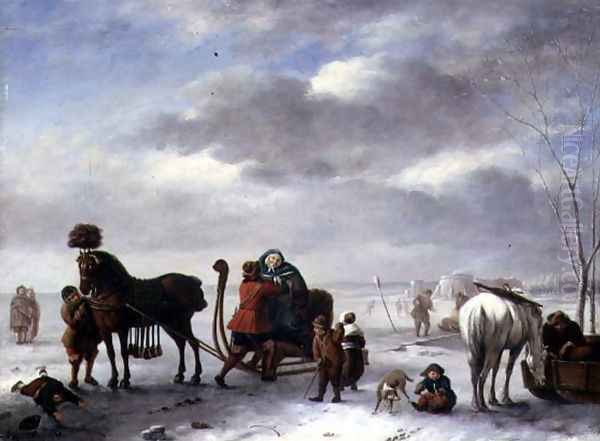 Winter Landscape with a Gentleman Assisting a Lady From a Sleigh Oil Painting by Andries Vermeulen