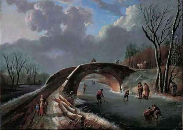 A winter landscape with skaters on a frozen river Oil Painting by Andries Vermeulen