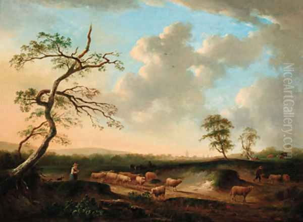 Shepherds with their flocks in an extensive landscape Oil Painting by Andries Vermeulen