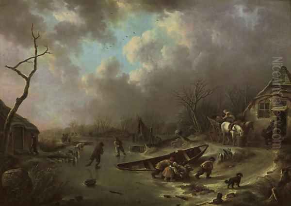 A winter landscape with figures skating on a frozen river Oil Painting by Andries Vermeulen