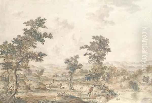 An extensive landscape with herdsmen by a stream Oil Painting by Andries Vermeulen