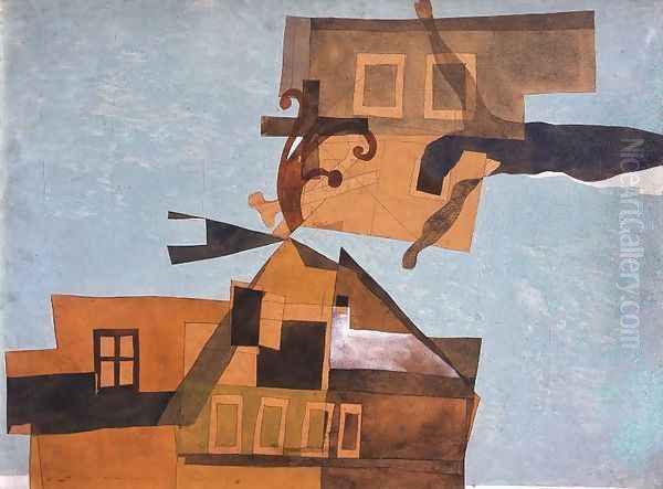 Houses at Szentendre with Crucifix 1937 Oil Painting by Lajos Vajda