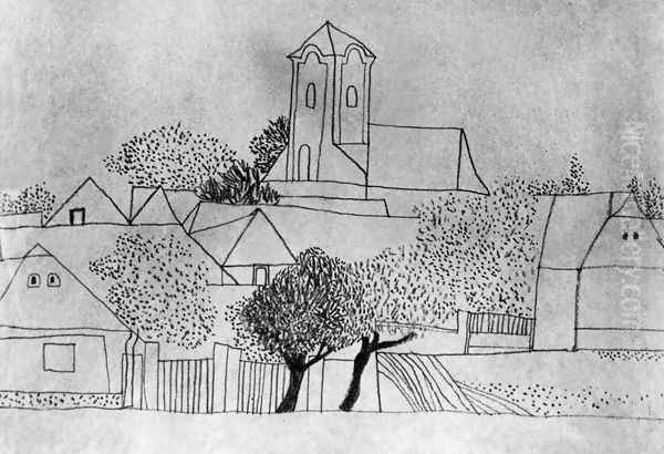 Churches, Trees, Dotted Forms 1934 Oil Painting by Lajos Vajda